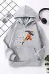 Çocuk Unisex Kapüşonlu Naruto Baskılı Pamuklu Sweatshirt - Gri
