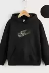 Çocuk Unisex Kapüşonlu Uzaylı Baskılı Sweatshirt - Siyah