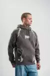 Double Oversize Kapşonlu Şimşek Pano Baskılı SweatShirt - Füme