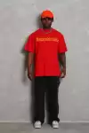 Unisex Oversize Baskılı Bisiklet Yaka T-Shirt - Kırmızı