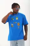 Unisex Oversize Baskılı Bisiklet Yaka T-Shirt - Mavi