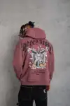 Erkek Kordon İpli Baskılı Kapüşonlu Sweatshirt - Gül Kurusu