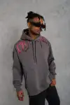 Erkek Ön ve Arka Baskılı Kapüşonlu 3 İplik Sweatshirt - Füme
