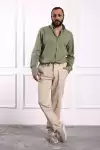 Erkek Pamuklu Keten Rahat Kesim Terletmez Kumaş Bağcıklı Pantolon Ekru
