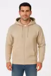 Erkek Üç İplik Kapüşonlu Tam Fermuarlı Kanguru Çepli SweatShirt Hoodie - Bej