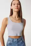Fitilli Kalın Askılı Pamuklu Örme Crop Gri