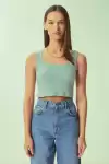 Fitilli Kalın Askılı Pamuklu Örme Crop Su Yeşili