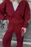 Geniş V Yaka Üç İplik Sweat Takım - Bordo