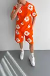İki İplik Kumaş Baskılı T-shirt Şortlu Takım- Turuncu