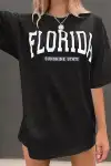 Kadın Bisiklet Yaka Baskılı T-shirt - Siyah