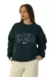 Kadın Bisiklet Yaka Nakış Desenli İçi Pamuklu Oversize Kalıp Sweatshirt Haki