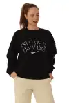 Kadın Bisiklet Yaka Nakış Desenli İçi Pamuklu Oversize Kalıp Sweatshirt Siyah