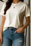 Kadın Bisiklet Yaka Oversize T-shirt Kırık Beyaz