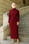 Kadın Boğazlı Uzun Fitilli Tesettüre Uygun Triko Dokuma Elbise - Bordo