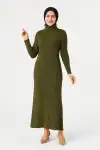 Kadın Boğazlı Uzun Fitilli Tesettüre Uygun Triko Dokuma Elbise - Haki