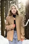 Kadın Fileli Deri Ceket - Krem