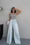 Kadın Yüksek Bel Geniş Baggy Paça Jean Kot Pantolon Buz Mavisi