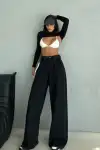 Kadın Yüksek Bel Geniş Baggy Paça Jean Kot Pantolon Siyah