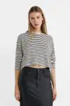 Kadın Siyah Beyaz Çizgili Uzun Kollu Crop Kazak