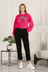 Kadın Taşlı Desen Bisiklet Yaka Alt İp Bağlamalı 3 İplik Şardonlu Sweatshirt Fuşya