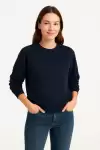 Kadın Üç İplik Düz Bisiklet Yaka SweatShirt - Lacivert
