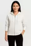 Kadın Üç İplik Kapüşonlu Tam Fermuarlı Kanguru Çepli SweatShirt Hoodie - Beyaz