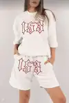 Kadın Unisex Nakış İşlemeli Şort Takım - Beyaz