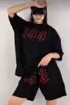 Kadın Unisex Nakış İşlemeli Şort Takım - Siyah
