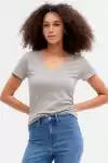 Kadın V Yaka Basic Pamuklu T-Shirt Gri