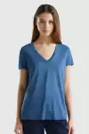 Kadın V Yaka Basic Pamuklu T-Shirt Mavi