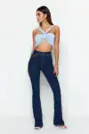 Kadın Yüksek Bel İspanyol Paça Slim Fit Jean Kot Pantolon Lacivert
