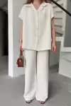 Keten Kısa Kollu Cepli Gömlek Pantolon ikili Takım - Beyaz