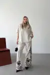 Keten Kısa kolu V Yaka Bluz Pantolon ikili Takım- Beyaz