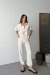 Keten Tam Fermuarlı Kısa kollu Gömlek Pantolon ikili Takım - Beyaz