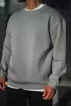 Kışlık Bisiklet Yaka Üç İplik Basic SweatShirt - Boyalı Gri