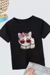 Kız Çocuk Bisiklet Yaka Baskılı T-Shirt - Siyah