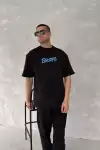 Ön ve Arka Baskılı Oversize Bisiklet Yaka T-shirt- Siyah