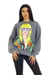 Önü Baskılı Bisiklet Yaka Kadın Sweatshirt