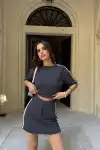 Osy Modal yumuşak dokulu Kumaş Kadın Parçalı Bisiklet Yaka T-shirt Mini Şortlu Etek İkili Takım - Füme