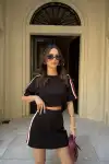 Osy Modal yumuşak dokulu Kumaş Kadın Parçalı Bisiklet Yaka T-shirt Mini Şortlu Etek İkili Takım - Siyah