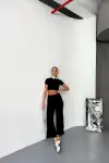 Osy Modal Yumuşak Dokulu Kumaş Kısa Kollu Crop Alt ispanyol Paça Pantalon ikili Takım - Siyah