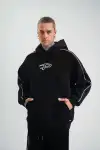 Uzun Kol Kapşonlu Ara Biyeli SweatShirt - Siyah