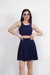 Sendy Kumaş Bisiklet Yaka Crop Şortlu Etek ikili Takım - Lacivert