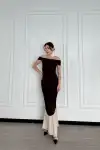 Striptiz Omuzlu Uzun Elbise- Kahve