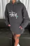 Üç İplik Kapşonlu Baskılı SweatShirt - Füme