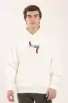 Unisex Baskılı Oversize Üç İplik Kapüşonlu Sweatshirt - Beyaz