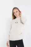 Unisex Bisiklet Yaka Baskılı Dokuma Triko - Bej