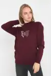 Unisex Bisiklet Yaka Baskılı Dokuma Triko - Bordo