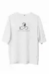 Unisex Bisiklet Yaka Baskılı Oversize T-Shirt - Beyaz