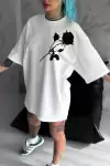 Unisex Bisiklet Yaka Baskılı Oversize T-Shirt - Beyaz